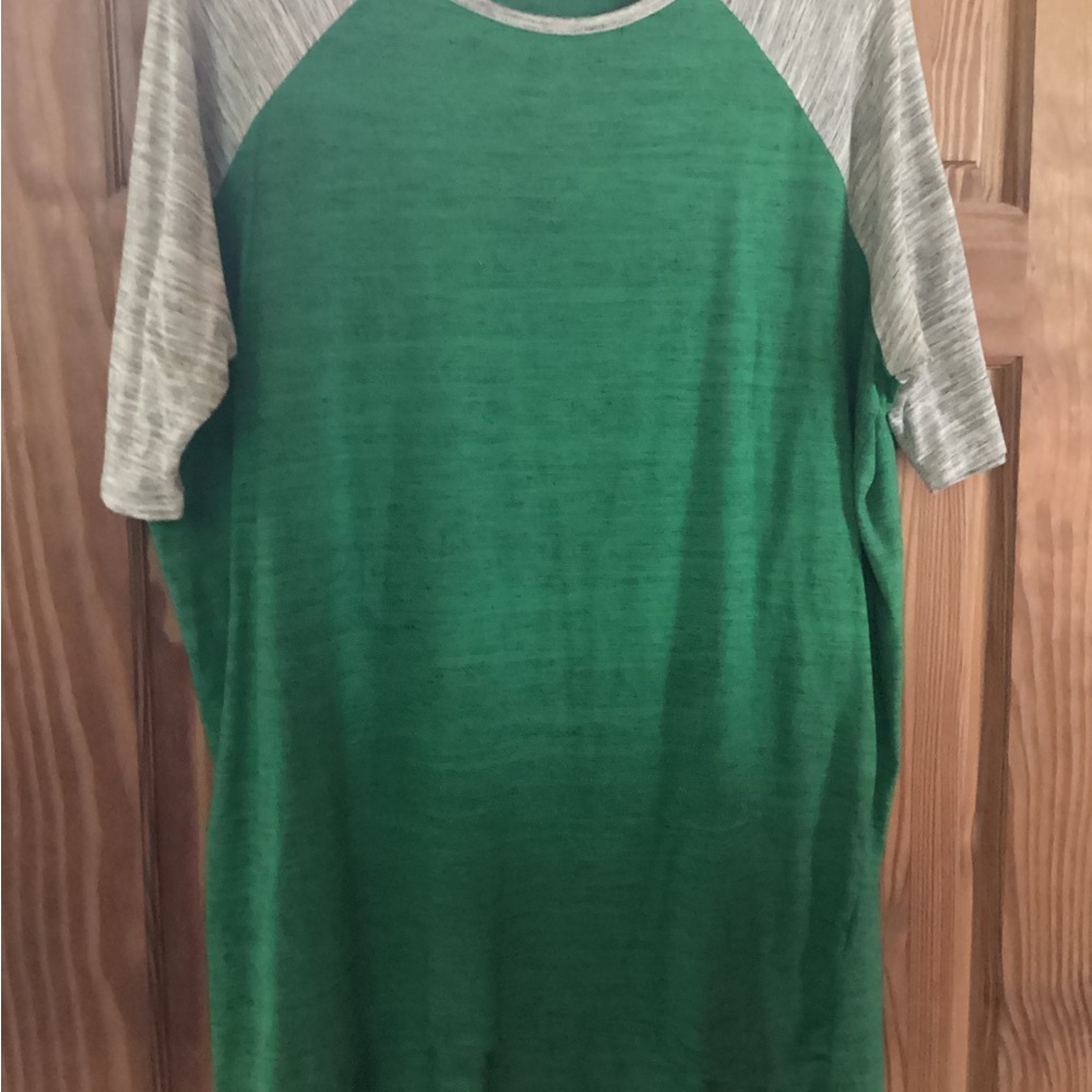 LuLaRoe Irma in Green and Gray with raglan sleeves